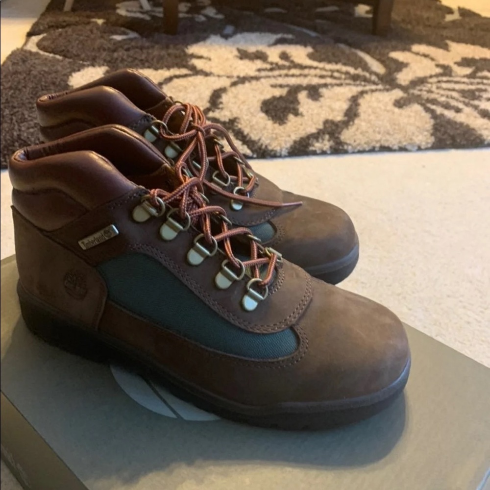 Brown/Green Timberland boots.